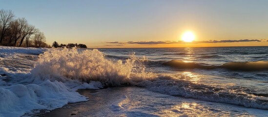 Serene sunset over ocean waves crashing on the shore with snowy landscape in foreground highlighting nature's beauty and tranquility.
