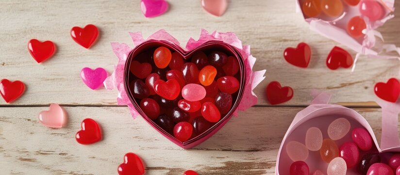 Heart-shaped box filled with colorful jelly beans and decorative paper hearts for Valentine's Day gift and romantic celebration