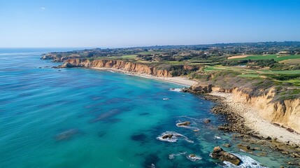 Fototapeta premium A stunning aerial view of a coastal landscape with turquoise waters and rocky cliffs.
