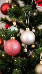 Fototapeta premium Golden Christmas ball ornaments hanging from a lush green fir tree branch for a festive winter celebration