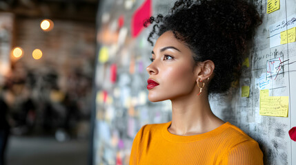 Woman in Yellow Sweater Contemplates Project Plan on Wall