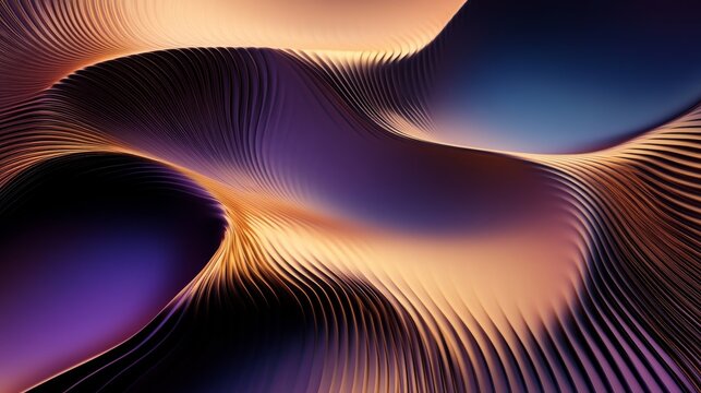 Wavy golden and purple metallic 3D background, featuring smooth, flowing curves with a reflective, futuristic look.