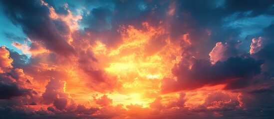 Fototapeta premium Dramatic sunset sky with vibrant colors and clouds creating a breathtaking evening landscape atmosphere for nature photography.