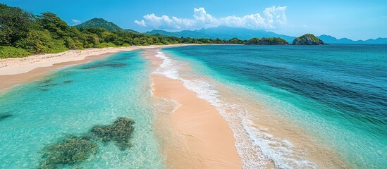 Obraz premium Stunning sandy beach with pink coral sand and crystal clear lagoon waters surrounded by lush greenery and distant mountains.