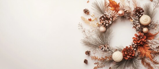 Elegant Christmas wreath with pine needles, dried flowers, and ornaments on a soft light background ideal for holiday decor concepts.