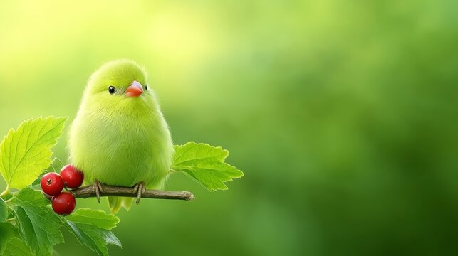 a small green bird perched atop a tree branch, surrounded by lush green leaves and bright red berries The background is slightly blurred, giving the image a dreamy