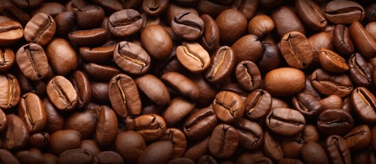 Fototapeta premium Richly roasted coffee beans background for beverage advertisements or coffee-themed designs showcasing texture and natural tones.