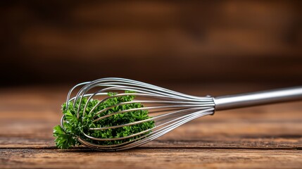  a wooden table with a whisk resting on top of it, and a bunch of parsley scattered around it The background is slightly blurred, giving the focus to the whisk and