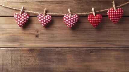 Fototapeta premium Red and white patterned fabric hearts on a rustic wooden background