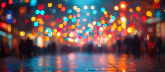 Colorful bokeh lights at a festival creating a dreamy and festive atmosphere with reflections on a wet pavement at night