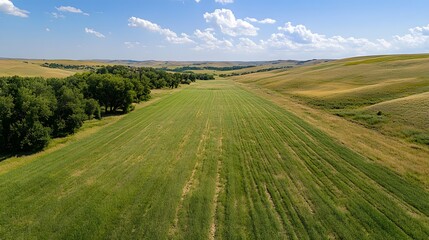 Obraz premium Aerial view of lush green farmland under a bright blue sky.