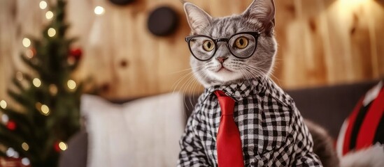 Stylish gray cat in glasses and tie celebrating the holidays in a cozy modern apartment with festive decor and a Christmas tree