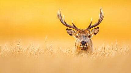 Naklejka premium a deer standing in a field of tall grass with a yellow background The deer is in the center of the image, surrounded by the lush green grass The background is a b