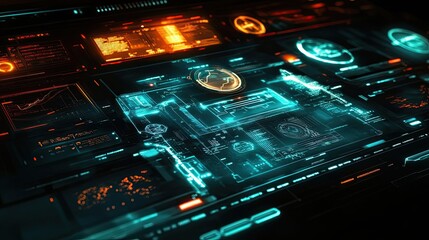 Fototapeta premium Futuristic Interface with Glowing Blue and Orange Displays