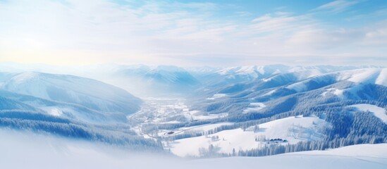 Fototapeta premium Aerial view of winter ski resort showcasing snow-covered mountains and serene landscape under a clear blue sky