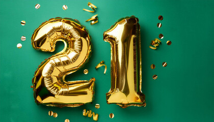 Banner with number 21 golden balloon on green backdrop. Birthday anniversary celebration.