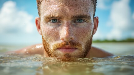  a man with freckled hair and blue eyes swimming in the water, with a blurred background