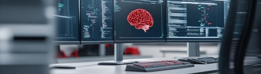 A workspace featuring multiple monitors displaying vibrant data visualizations, with a focus on a brain image, suggesting advanced technology and data analysis.