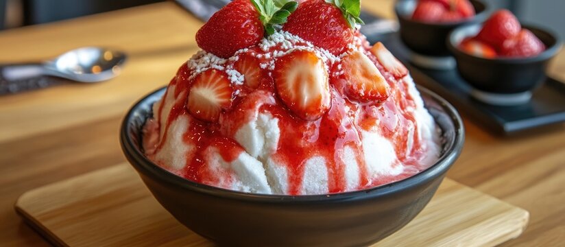 Delicious strawberry bingsoo dessert topped with fresh strawberries and milk syrup for a refreshing summer treat