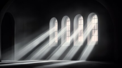  an empty room with arches and windows, illuminated by light streaming through them The walls are dark and the floor is visible at the bottom of the image The ligh