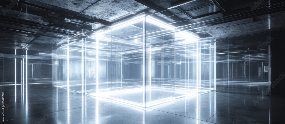 Poster futuristic indoor space with illuminated geometric structure and reflective surfaces creating mesmer