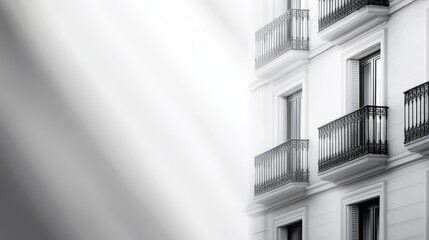 Obraz premium a black and white photo of a building with windows and balconies The building has a classic design with a white facade and black railings The windows are framed b