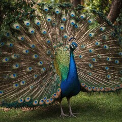 Naklejka premium A vibrant peacock with its tail feathers fully fanned out in an exotic garden.