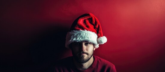 man with a Santa hat posing playfully against a festive red background