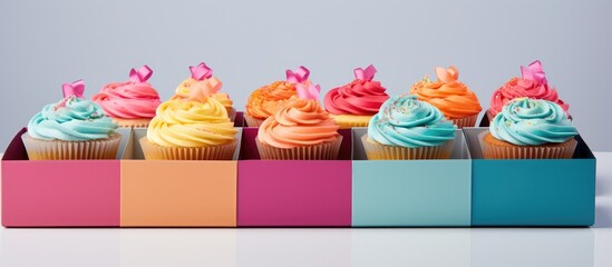 Colorful cupcakes with decorative frosting displayed in stylish packaging on a clean background for dessert and bakery promotions
