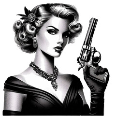 A glamorous woman dressed elegantly, holding a revolver, exuding vintage charm with a femme fatale theme. She was created in a scratchboard style, resembling a black-and-white sketch engraving,