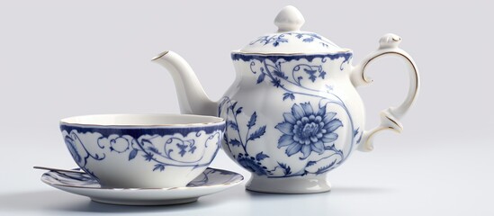Porcelain teapot and teacup set with floral designs on a white background for elegant tea presentation and decor.