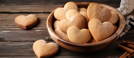 Fototapeta premium Heart-shaped homemade cookies dusted with sugar and cinnamon in a rustic wooden bowl on a dark wooden background