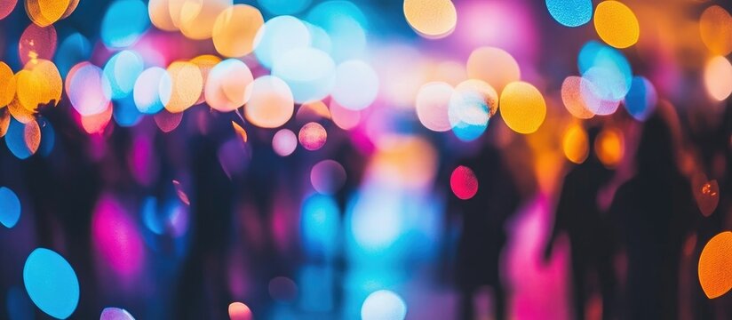Vibrant nightclub atmosphere blurred lights and silhouettes of dancing people in a lively disco scene for nightlife and entertainment themes