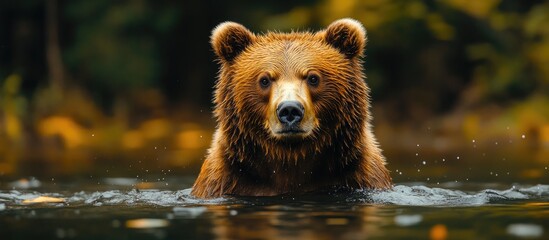 Obraz premium Majestic grizzly bear swimming in serene wilderness setting surrounded by lush autumn foliage and reflective water surface.