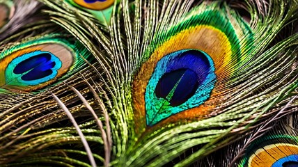 Obraz premium Colorful peacock feathers texture background, closeup, wallpaper
