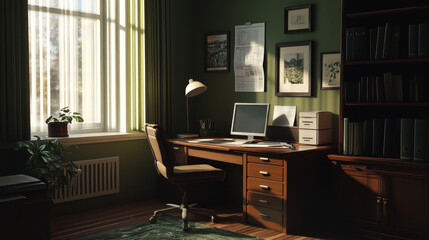 Fototapeta premium In the room, a beautifully arranged desk is complemented by a stylish, modern lamp and a comfortable chair, all contributing to a cozy and fully functional workspace.