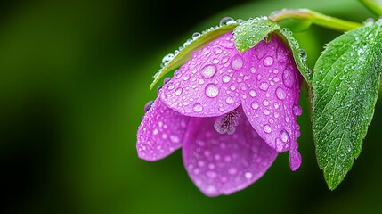  a beautiful pink flower with water droplets glistening on its petals and leaves, set against a lush green background