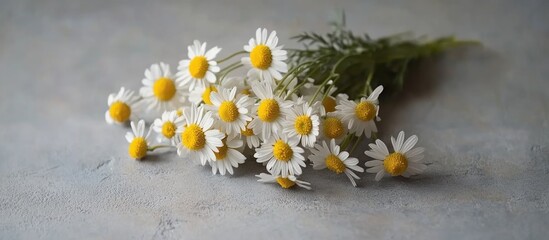 Fototapeta premium Freshly picked chamomile flowers arranged on a textured grey surface creating a tranquil and natural aesthetic perfect for postcards.