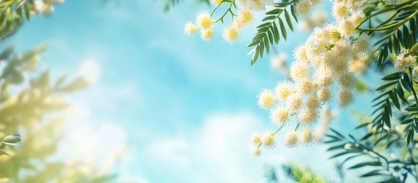 Blooming white mimosa flowers against a serene sky and lush greenery creating a beautiful floral backdrop with selective focus and copy space