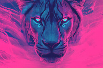 A glowing blue lion portrait with vibrant pink smoke and intense glowing eyes creating a surreal neon aesthetic
