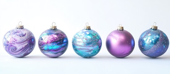 Obraz premium Colorful blue and purple Christmas ornaments arranged in a row on a clean white background for festive holiday decoration concepts