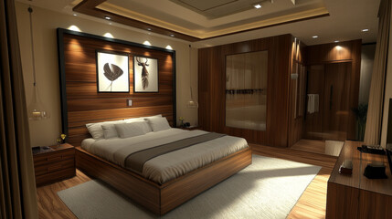 A modern bedroom interior featuring a wooden dresser that serves as a key piece in the room's design. 