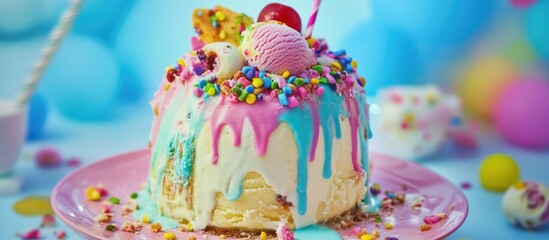 Naklejka premium Colorful ice cream cake topped with sprinkles cherry and cookie against a playful background perfect for desserts and celebrations