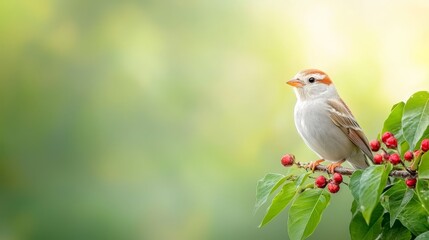  a small bird perched atop a tree branch, surrounded by lush green leaves and bright red berries The background is slightly blurred, giving the bird a sense of focu