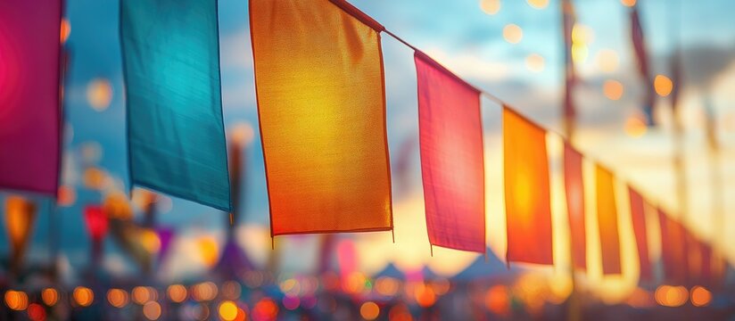 Vibrant festival flags fluttering in a bright blue sky enhancing the festive ambiance with colorful lights and a joyful atmosphere.