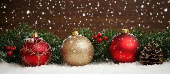 Festive Christmas scene with decorated ornaments on spruce twigs set against a serene snowy background for holiday-themed visuals.