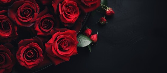 Fresh red roses in full bloom on a black plate with a dark backdrop for romantic themes and love concepts flat lay composition