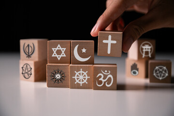 World Religion Day, symbols of Christianity, Judaism, Islam, Hinduism, Buddhism, and Taoism,...