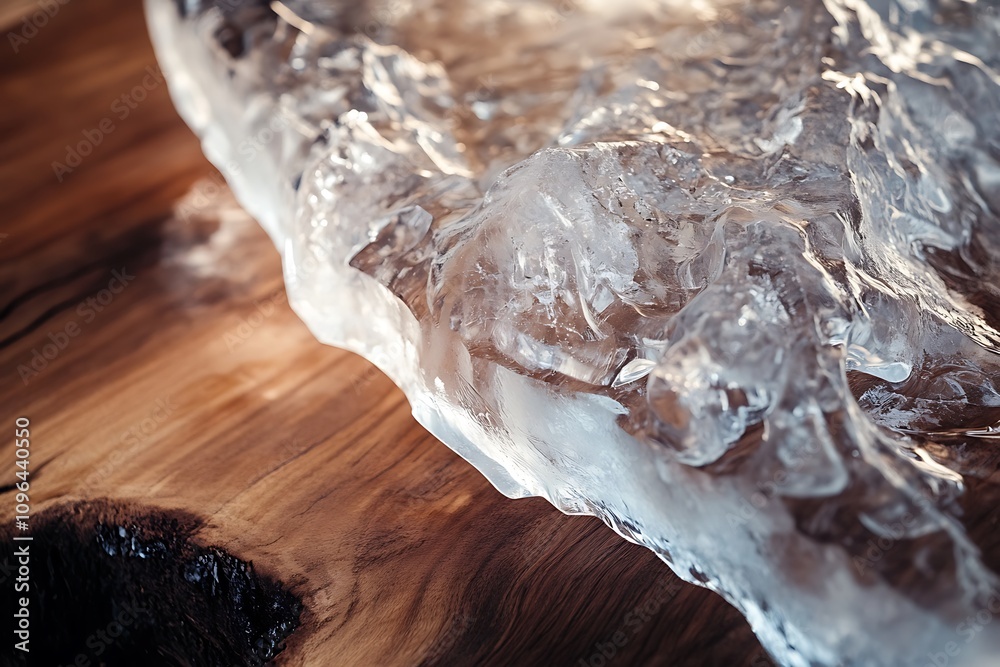 Poster close-up of a large, irregular chunk of clear ice resting on a rich, dark wood surface.