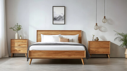 A modern bedroom interior featuring a wooden dresser that serves as a key piece in the room's design. 